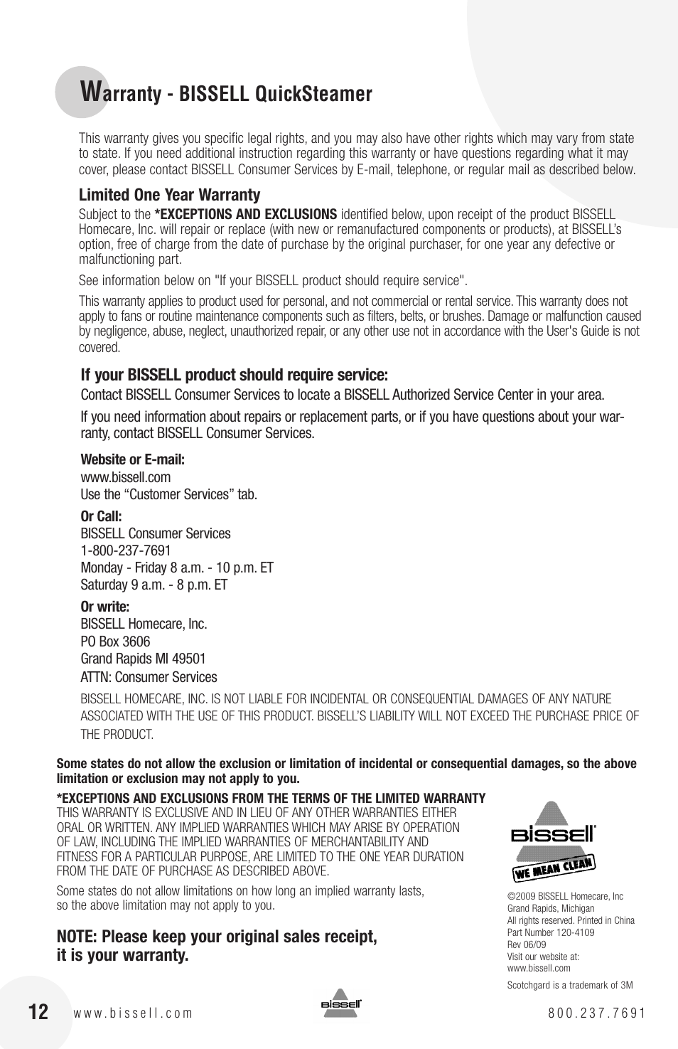 Arranty - bissell quicksteamer | Bissell QuickSteamer 1770 series User Manual | Page 12 / 12