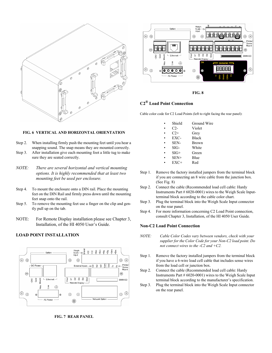 Fig. 6 vertical and horizontal orientation, Load point installation, Fig. 7 rear panel | Fig. 8, C2® load point connection, Non-c2 load point connection | Hardy HI 4050 Single-Scale Weight Controller User Manual | Page 2 / 3