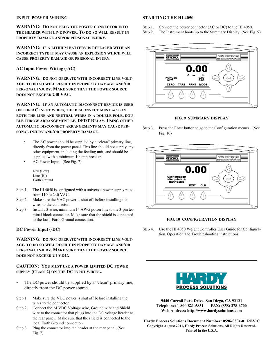 Input power wiring, Ac input power wiring (-ac), Dc power input (-dc) | Starting the hi 4050, Fig. 9 summary display, Fig. 10 configuration display | Hardy HI 4050 Single-Scale Weight Controller User Manual | Page 3 / 3