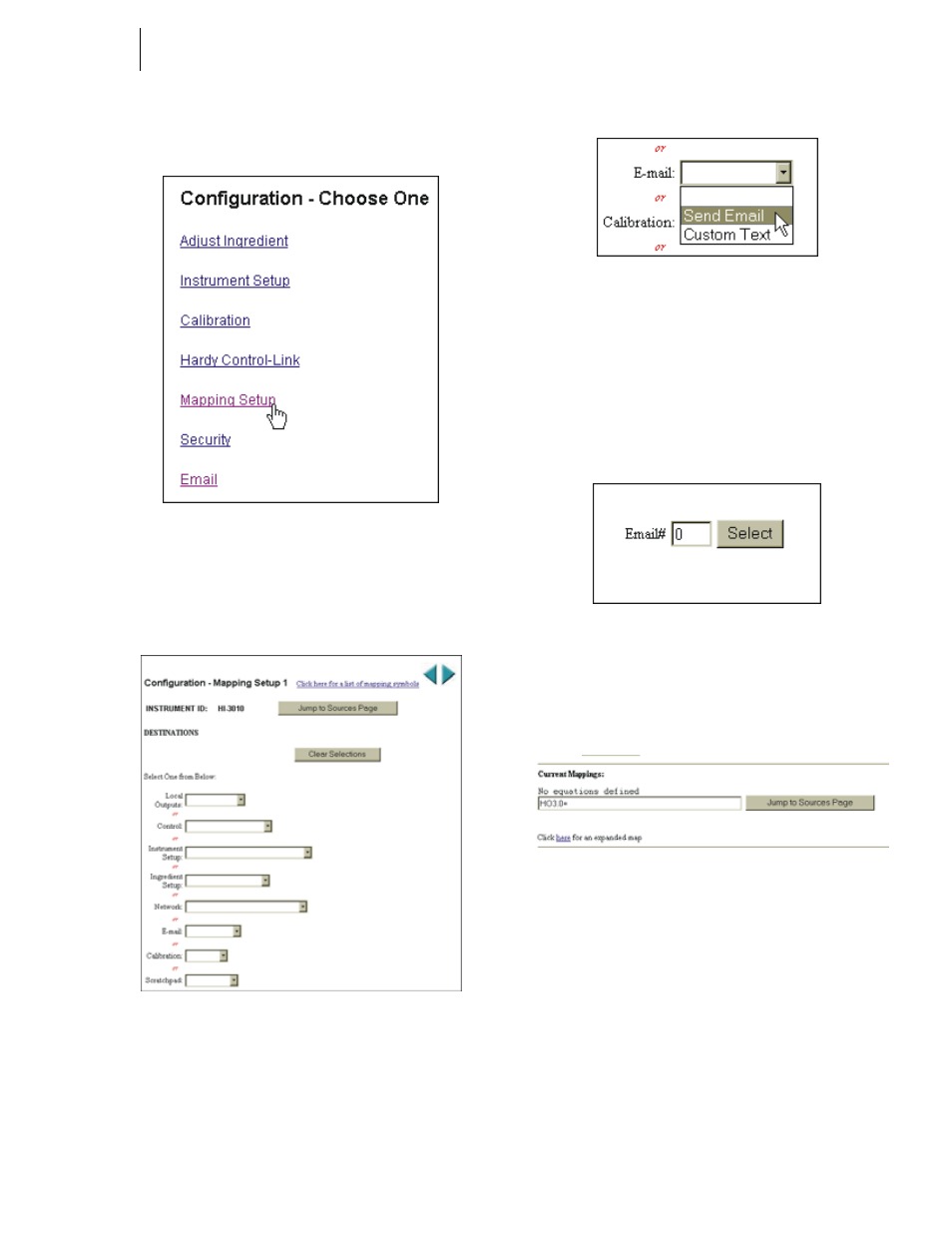 Fig. 313: mapping setup1/sending custom e- mail, Fig. 314: mapping setup 1/selecting send email, Fig. 315: entering email number | Fig. 316: send email #0 entered in the equation | Hardy HI 3010 Filler/Dispenser Controller User Manual | Page 107 / 131