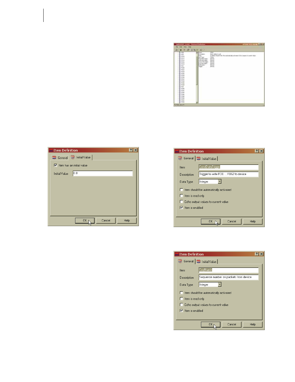 Fig. 207: item definition, Fig. 209: item definition/send data trigger, Fig. 210: item definition/sequence number in | Hardy HI 3010 Filler/Dispenser Controller User Manual | Page 81 / 131