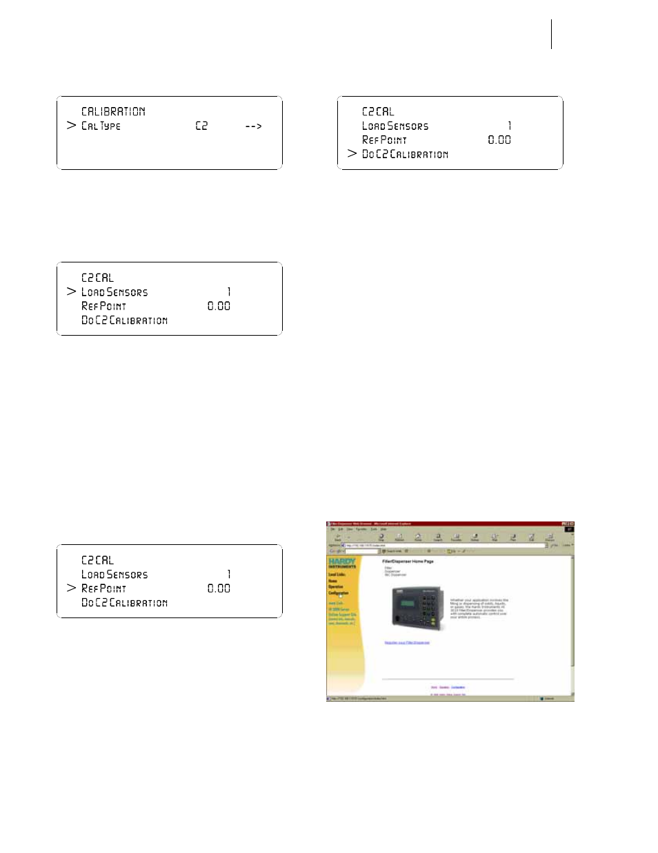 Calibration menu/c2 cal, C2 calibration sub-menu, Entering the reference point | C2 calibration, Configuration menu/selecting setup | Hardy HI 3010 Filler/Dispenser Controller User Manual | Page 21 / 92