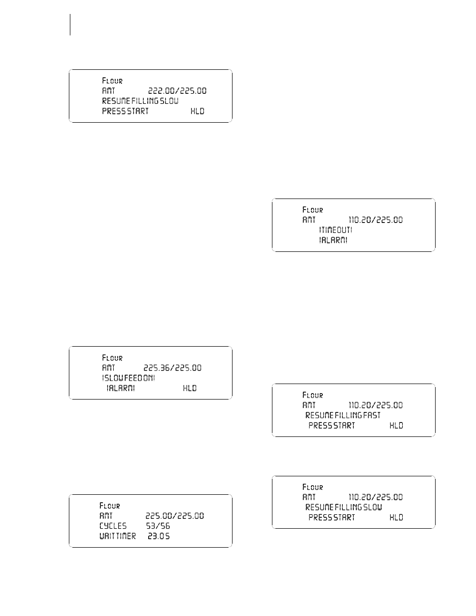 Slow feed on alarm fill timeout alarm, 52 resume filling slow, 53 slow feed on alarm | 54 wait display, 55 timeout alarm, 56 resume filling fast, 57 resume filling slow | Hardy HI 3010 Filler/Dispenser Controller User Manual | Page 36 / 92