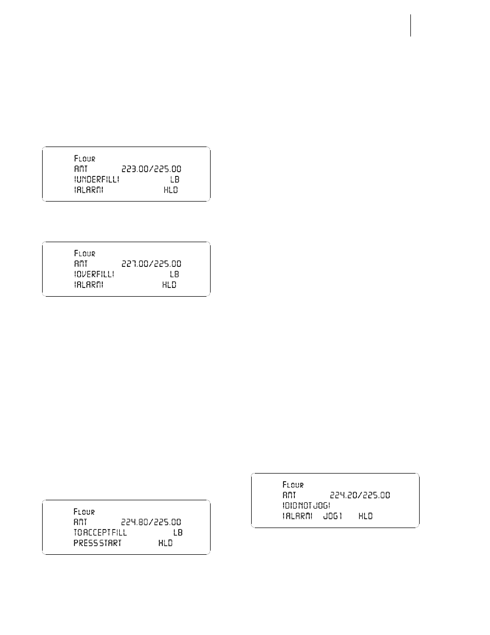 Underfill /overfill alarm, Filler jog alarms, Did not jog alarm | 58 underfill alarm, 59 overfill alarm, 60 accept fill display, 61 did not jog alarm | Hardy HI 3010 Filler/Dispenser Controller User Manual | Page 37 / 92
