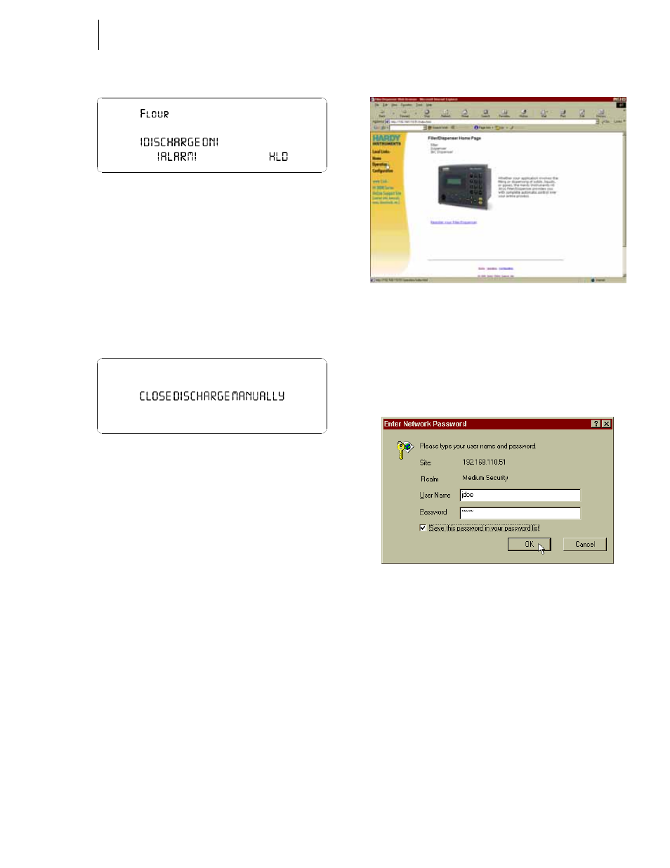 71 discharge on alarm, Fig. 3-74 entering user name and password | Hardy HI 3010 Filler/Dispenser Controller User Manual | Page 40 / 92