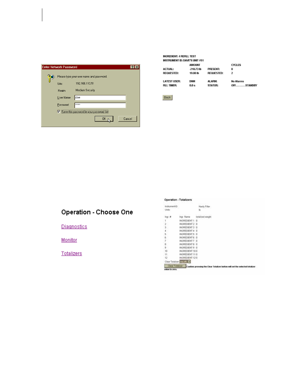 Fig. 4-81 entering user name and password, Monitoring the instrument | Hardy HI 3010 Filler/Dispenser Controller User Manual | Page 62 / 92