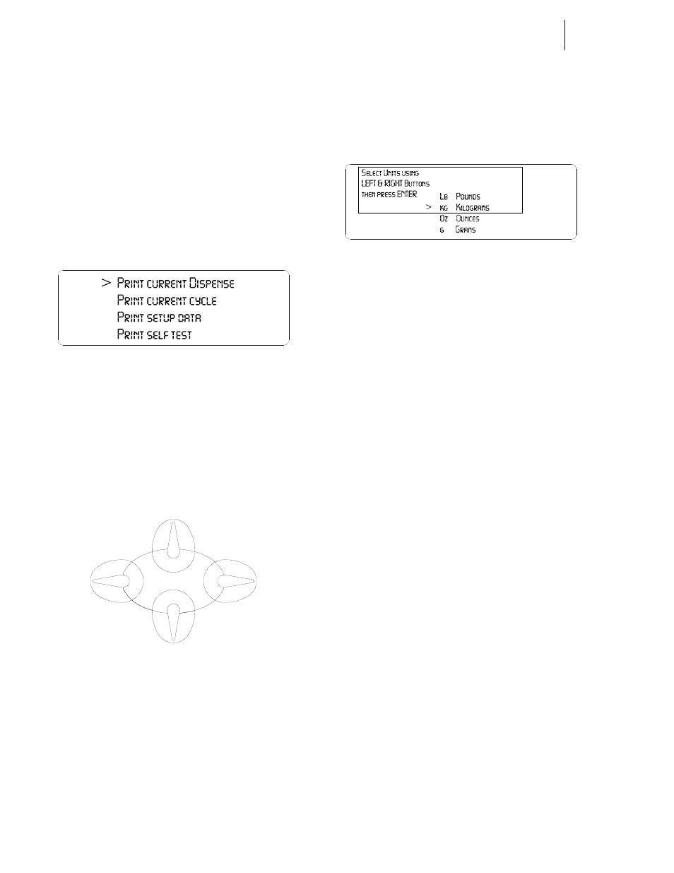 Print screen default for ibc dispenser, Directional buttons, List selection/enter button | Hardy HI 3010 Filler/Dispenser Controller User Manual | Page 67 / 92