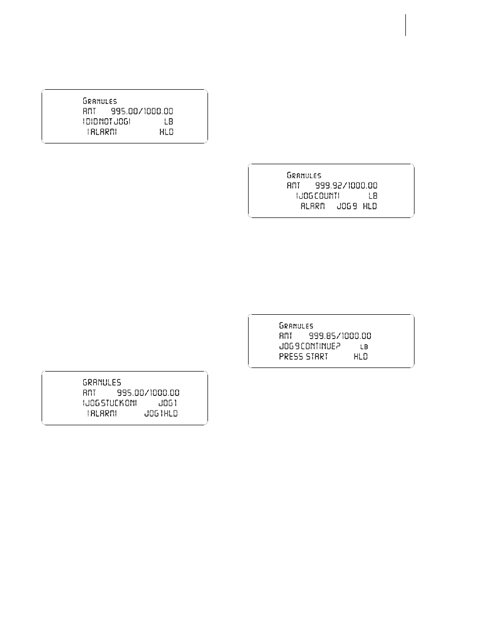 Jog stuck on alarm jog count alarm, Discharge alarms, Not ok to discharge alarm | Did not jog alarm, Jog stuck on alarm, Jog count alarm, 73 jog display/jog continue | Hardy HI 3010 Filler/Dispenser Controller User Manual | Page 81 / 92