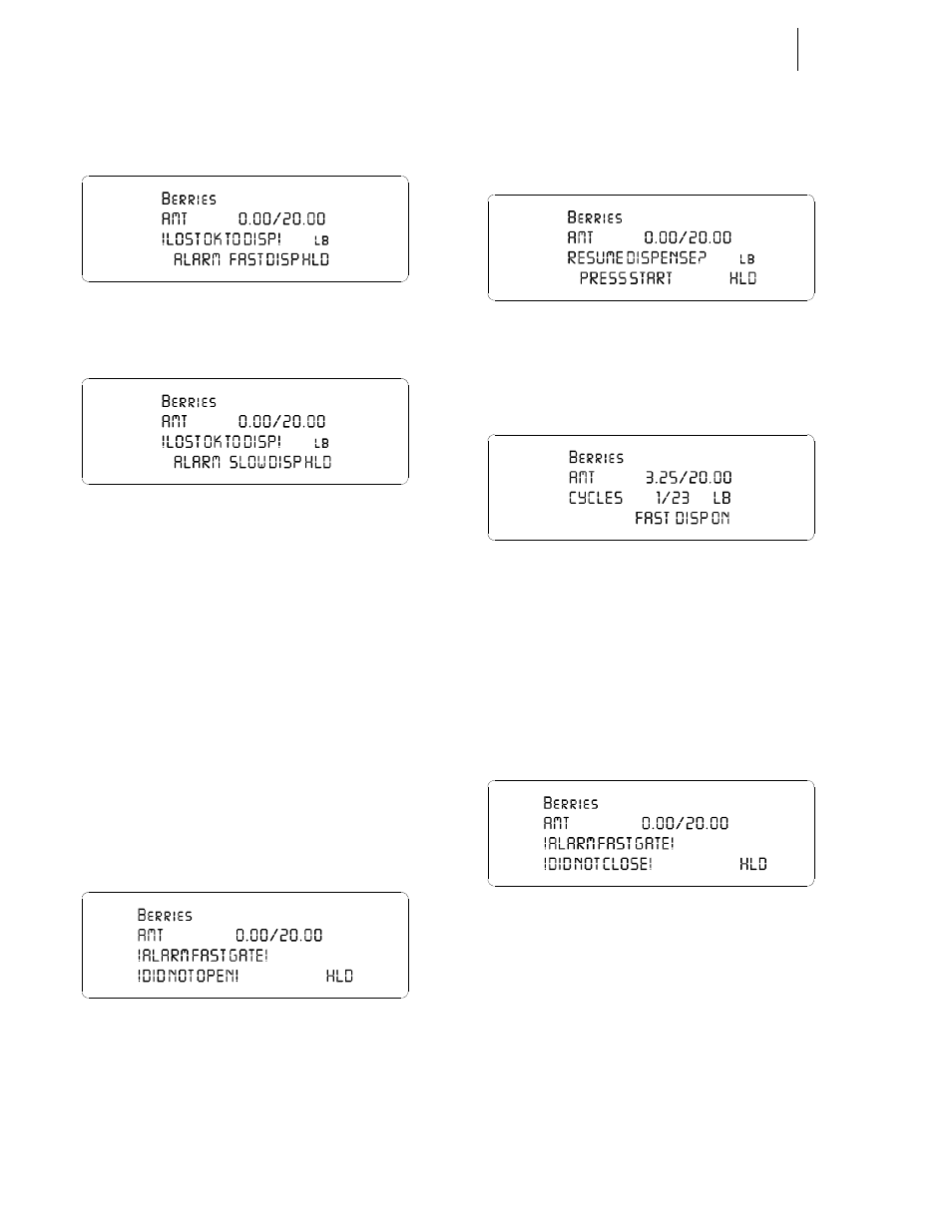Lost ok to dispense alarm/fast dispense, Lost ok to dispense alarm/slow dispense, Fast dispense gate did not open alarm | Resume dispensing fast display, Fast dispense on, Fast gate did not close | Hardy HI 3010 Filler/Dispenser Controller User Manual | Page 106 / 165
