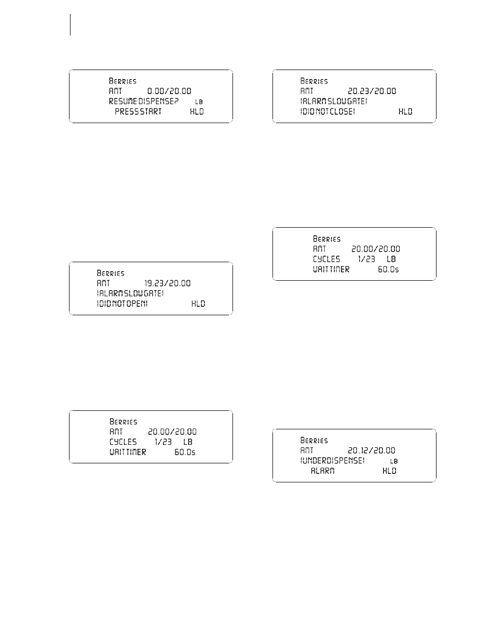 Resume dispense? display, Slow gate did not open alarm, Wait display | Slow gate did not close alarm, Underdispense alarm | Hardy HI 3010 Filler/Dispenser Controller User Manual | Page 107 / 165