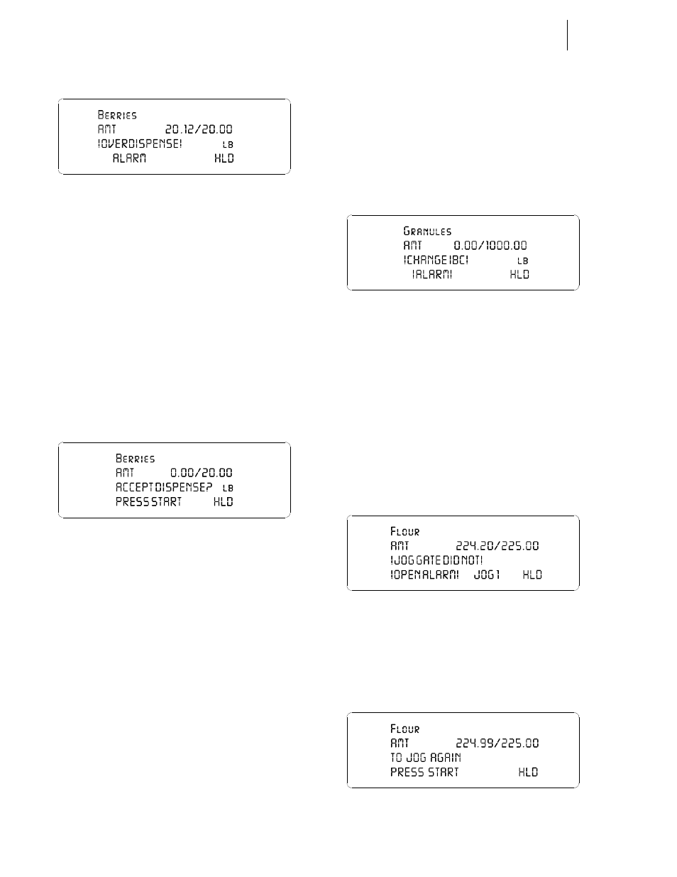Ibc/dispense alarms, Change ibc alarm, Jog alarms | Jog gate did not open alarm, Overdispense alarm, Accept dispense display, To jog again press start display | Hardy HI 3010 Filler/Dispenser Controller User Manual | Page 108 / 165