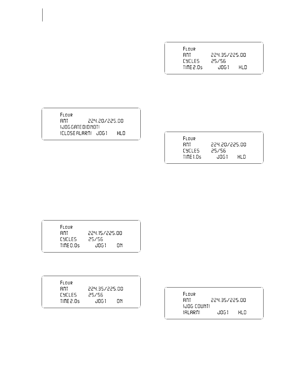 Jog gate did not close alarm jog count alarm, Jog gate did not close alarm, Jog 1 display | Jog display/jog 1 2.0 seconds fi, Jog paused 1.0 second into the jog sequence - 93, Jog count alarm | Hardy HI 3010 Filler/Dispenser Controller User Manual | Page 109 / 165