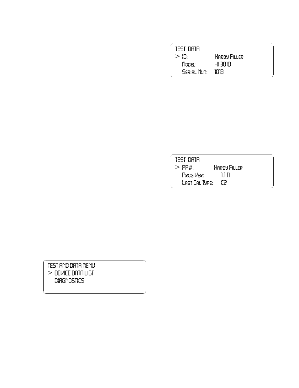 Diagnostics, About diagnostics, Checking the device data list | St and data menu/selecting device data list - 114, Est data display/instrument id - model, Est data display/program version/last | Hardy HI 3010 Filler/Dispenser Controller User Manual | Page 131 / 165