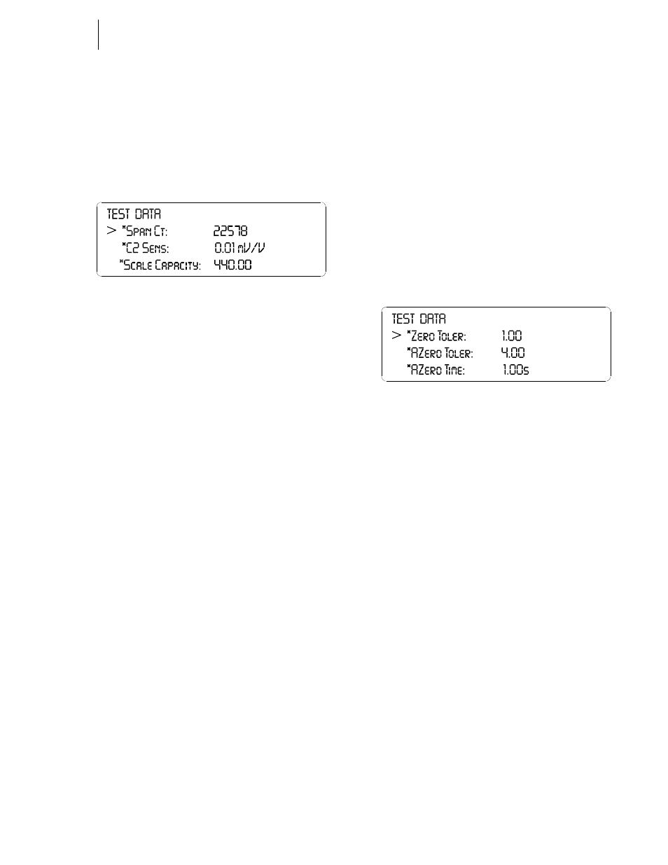 Test data display/span count - c2 sensitivity, Test data display/zero tolerance - auto | Hardy HI 3010 Filler/Dispenser Controller User Manual | Page 133 / 165