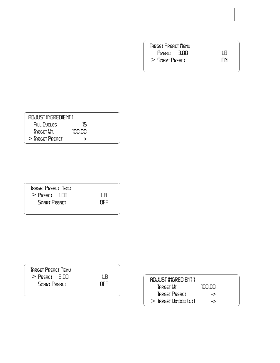 Target window, About target window, Target preact parameter | Target preact sub-menu, Target preact menu/set preact, Rget preact menu/smart preact, Redient setup menu/selecting target | Hardy HI 3010 Filler/Dispenser Controller User Manual | Page 42 / 165