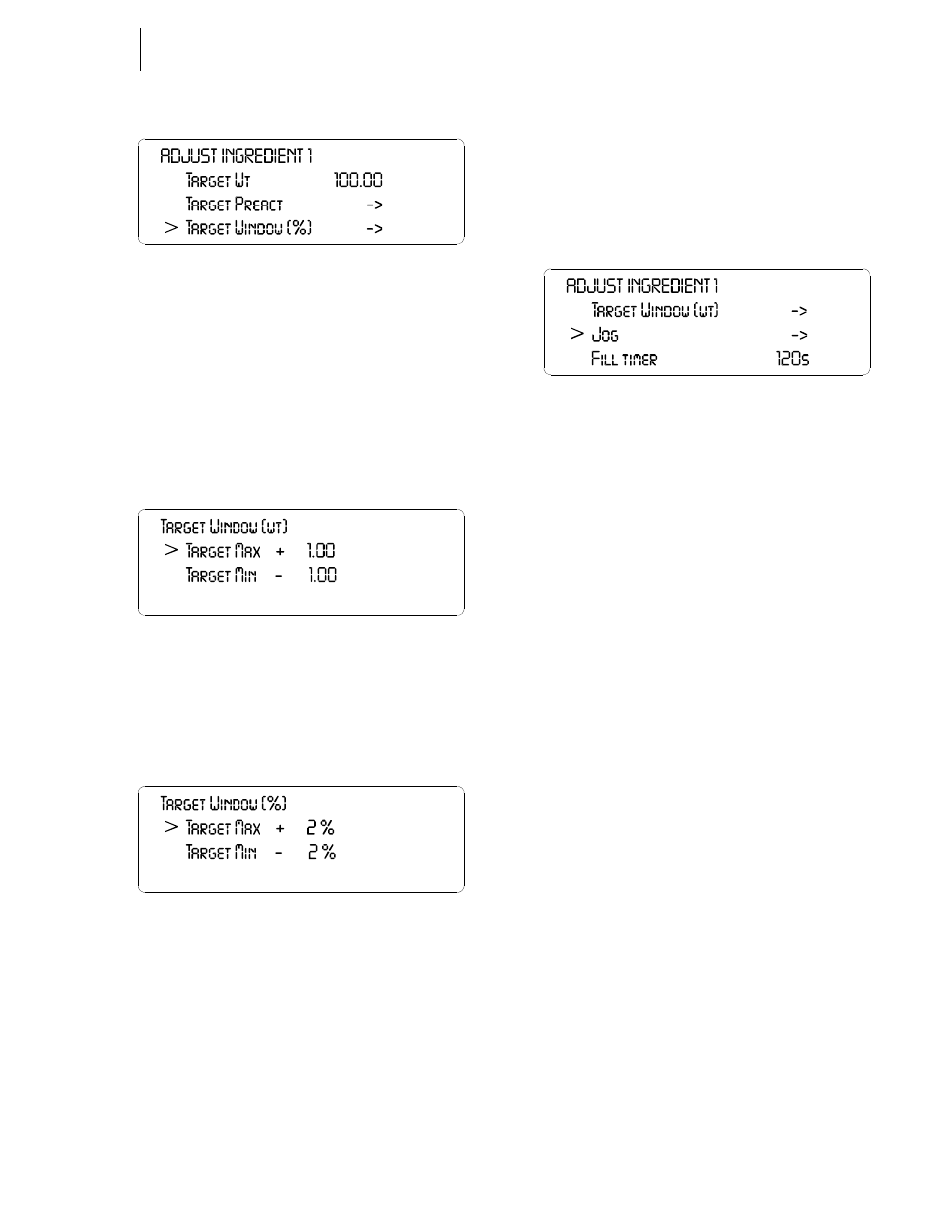 Jog parameters, About jog parameters, Redient setup menu/selecting target | Target window/weight, Target window/percentage, Adjust ingredient 1/jog | Hardy HI 3010 Filler/Dispenser Controller User Manual | Page 43 / 165