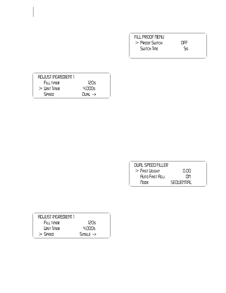Speed parameter29, About the speed parameter, Wait timer parameter | Speed parameter, Fill proof menu, Dual speed filler menu | Hardy HI 3010 Filler/Dispenser Controller User Manual | Page 45 / 165