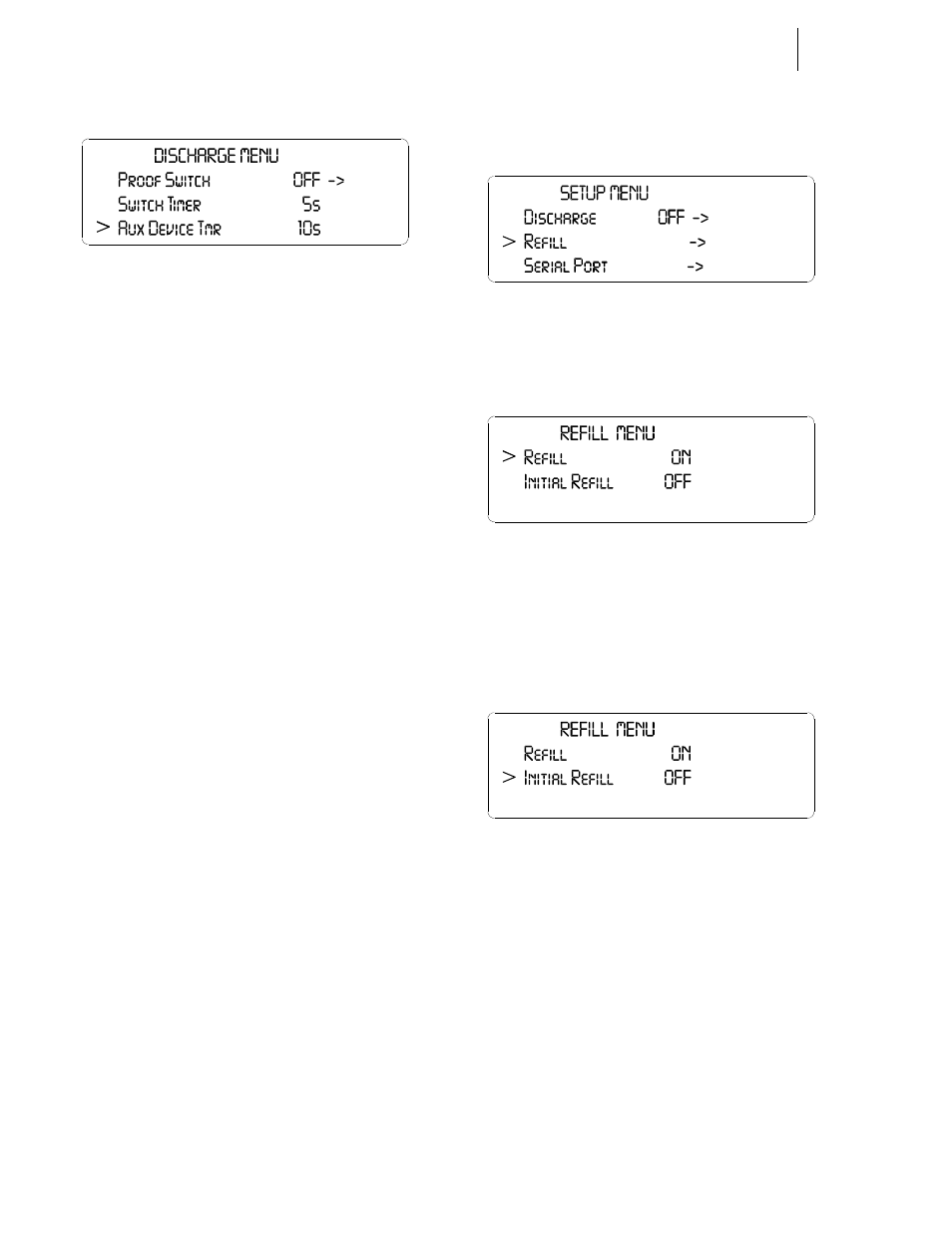 About the auxiliary device timer, Refill parameters, Discharge menu/auxiliary device timer | Setup menu/refill, Refill menu/refill, Refill menu/initial refill | Hardy HI 3010 Filler/Dispenser Controller User Manual | Page 50 / 165