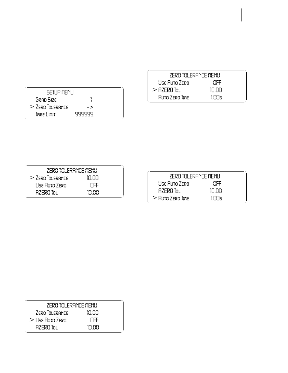 Tare limit parameter, About the tare limit parameter, Setup menu/zero tolerance | Zero tolerance menu/zero tolerance, Zero tolerance menu/use auto zero, Zero tolerance menu/auto zero tolerance, Zero tolerance menu/auto zero time | Hardy HI 3010 Filler/Dispenser Controller User Manual | Page 56 / 165
