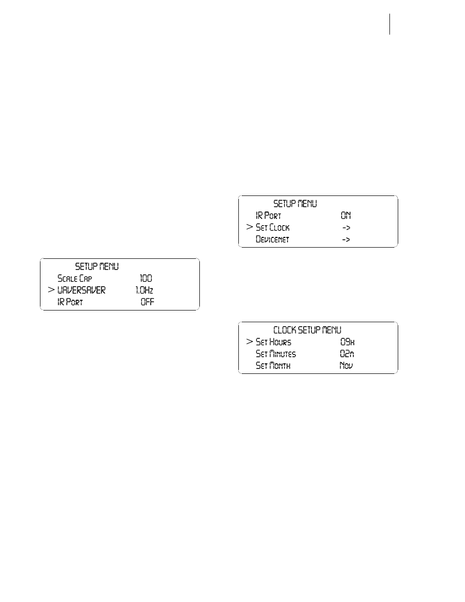 Set clock parameter, About setting the clock, Setup menu/waversaver | Setup menu/set clock, Clock setup menu/set hours | Hardy HI 3010 Filler/Dispenser Controller User Manual | Page 58 / 165