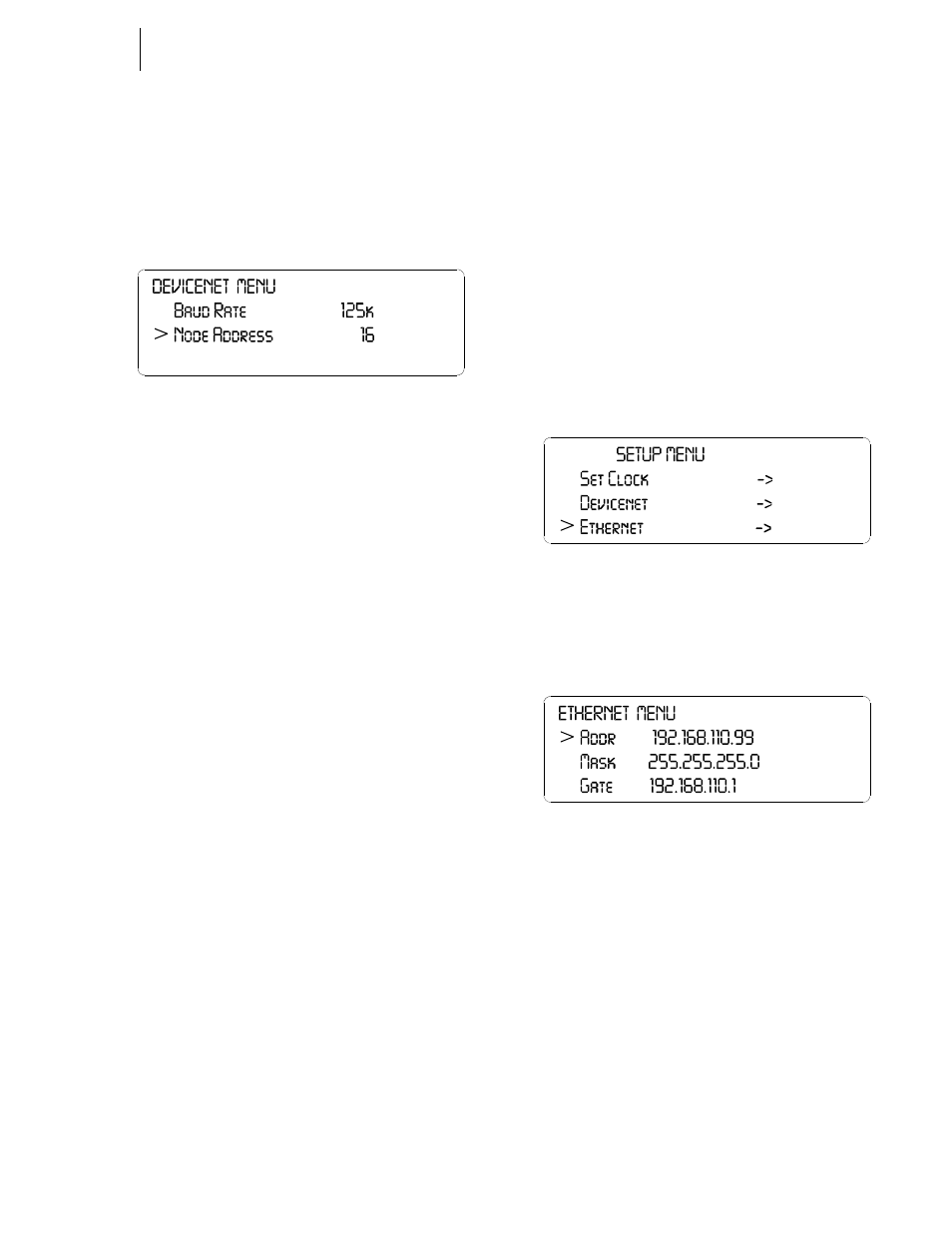 Ethernet parameters, About the ethernet parameters about ip addresses, Devicenet menu/node address | Setup menu/ethernet, Ethernet menu/ip address with default | Hardy HI 3010 Filler/Dispenser Controller User Manual | Page 61 / 165