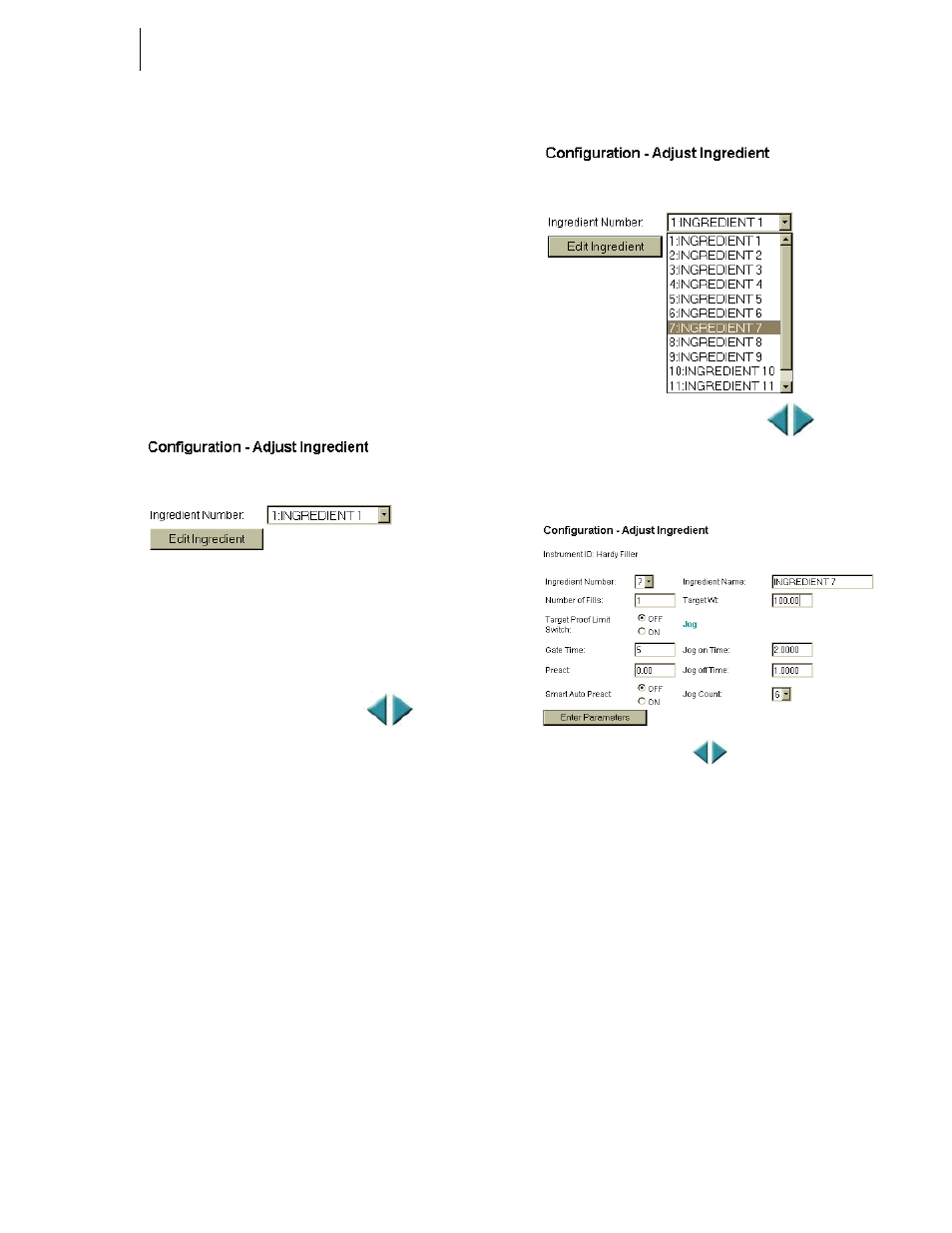 Configuring ingredients from the browser, About configuring ingredients, 0 edit ingredient pull down menu | 1 configuration - adjust ingredient | Hardy HI 3010 Filler/Dispenser Controller User Manual | Page 63 / 165