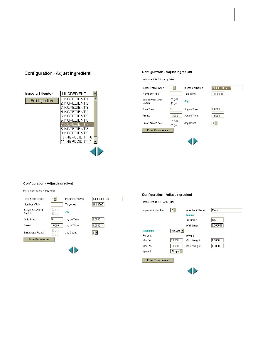 2 configuration - pull down menu, 3 configuration - adjust ingredient, 4 configuration/ingredient name change | 5 configuration/ingredient name - flour | Hardy HI 3010 Filler/Dispenser Controller User Manual | Page 64 / 165