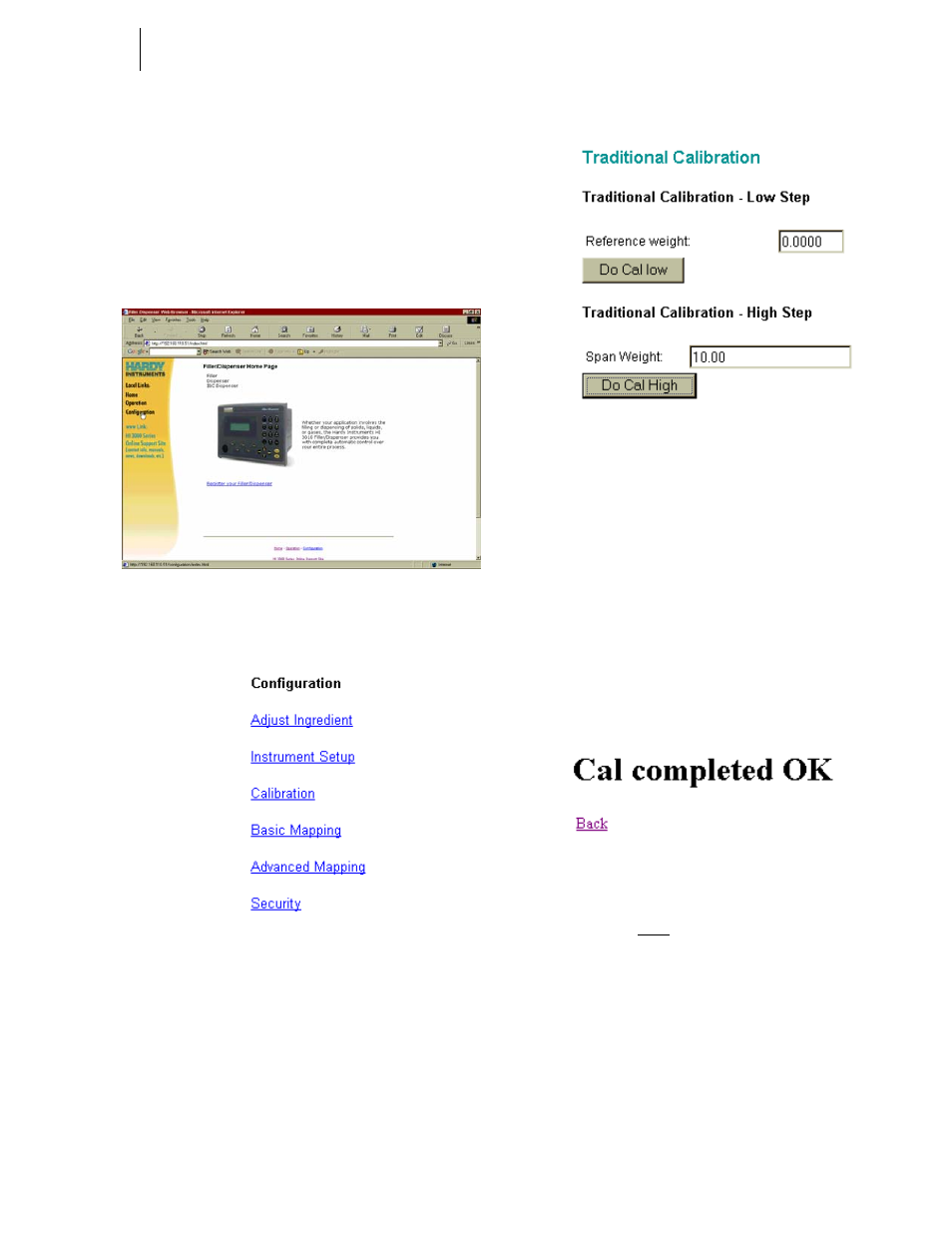 Configuration menu/selecting setup, Calibration sub-menu, L low completed ok | Hardy HI 3010 Filler/Dispenser Controller User Manual | Page 79 / 165