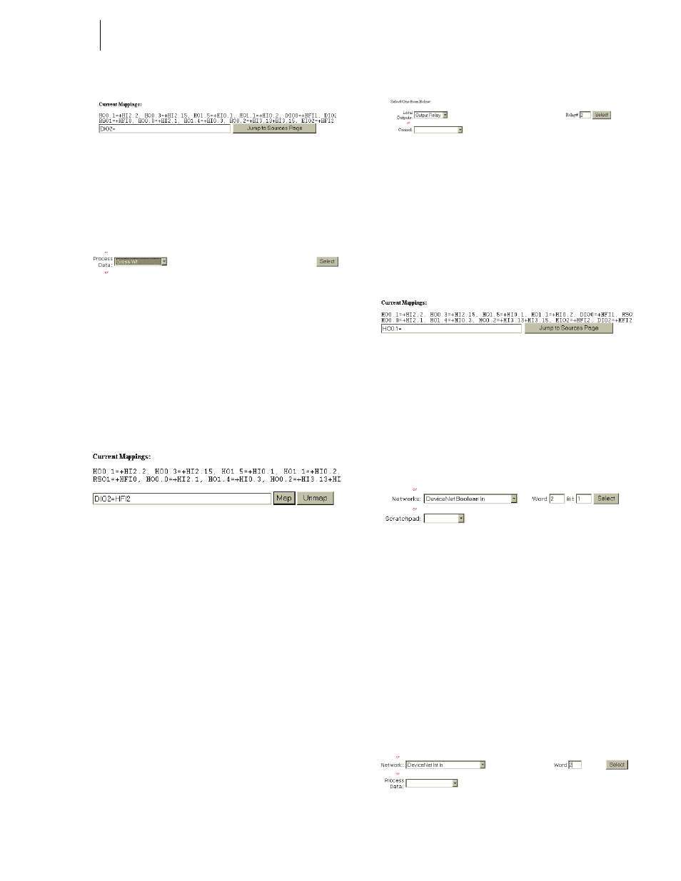 Mapping a network input to a local output, Devicenet int out (dio2) set as destination, Process data/selecting gross weight | Assignment statement mapping gross, Local output/selecting output relay #2, Output relay #2 (ho0.1) set as destination, Network/selecting devicenet boolean in, Network/selecting non-boolean devicenet | Hardy HI 3010 Filler/Dispenser Controller User Manual | Page 87 / 165