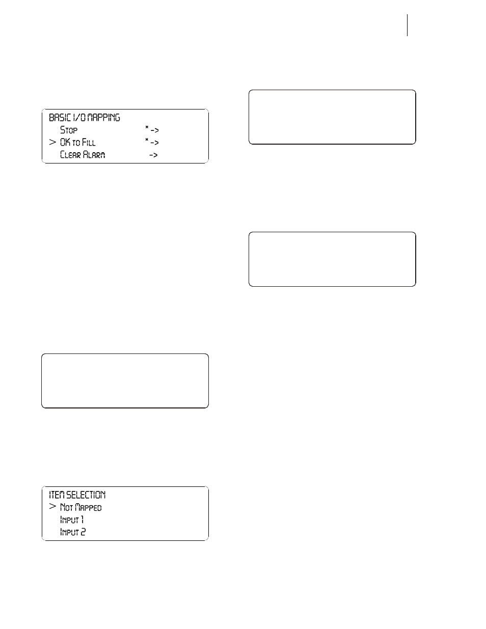 Unmapping procedures for front panel, Ok to fill map indication, Ok to fill menu/input 1 mapped | Item selection/selecting not mapped, Ok to fill menu/item unmapped, Asic i/o mapping/ok to fill unmapped | Hardy HI 3010 Filler/Dispenser Controller User Manual | Page 98 / 165