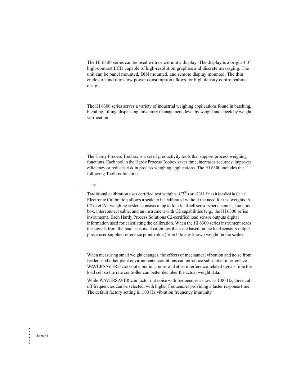 Typical applications, Features and capabilities, Hardy process toolbox | C2® and ecal™ calibration, Waversaver | Hardy HI 6300 Series User Manual | Page 10 / 156