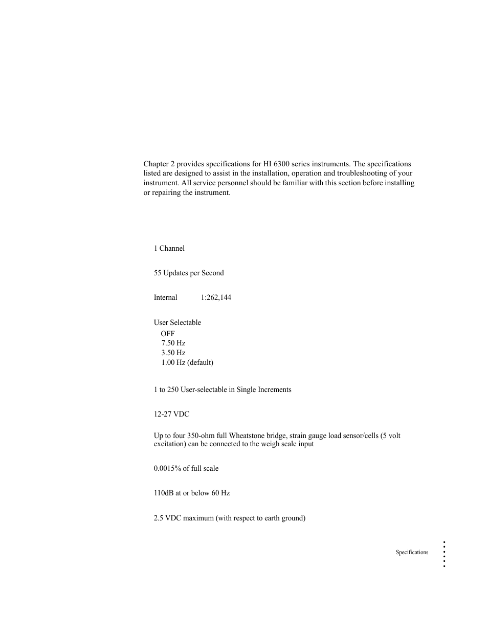 Chapter 2, Specifications, Basic specifications | General, Number of channels, Update rate, Resolution, Waversaver, Averages, Input | Hardy HI 6300 Series User Manual | Page 13 / 156