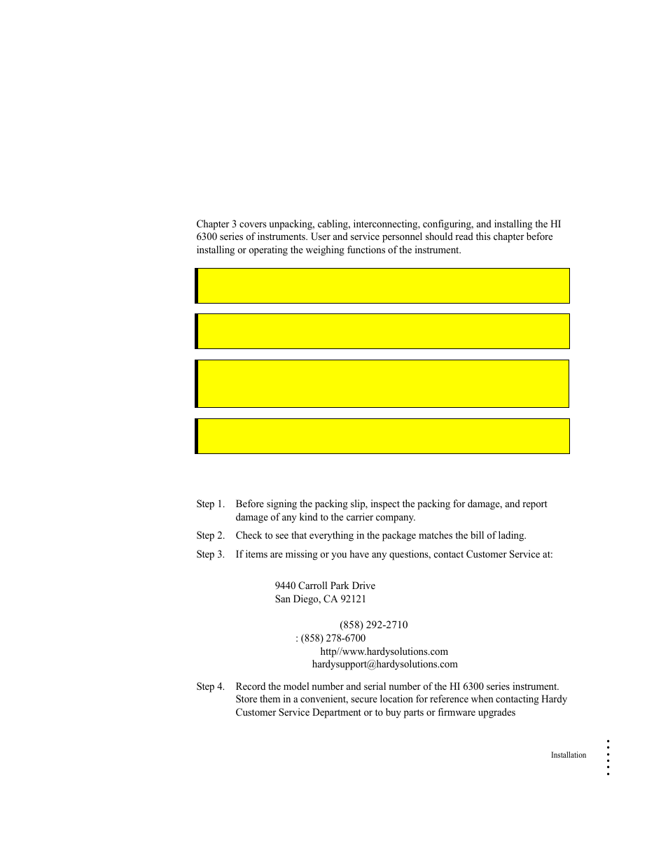 Chapter 3, Hi 6300 installation, Unpacking | Hardy HI 6300 Series User Manual | Page 15 / 156