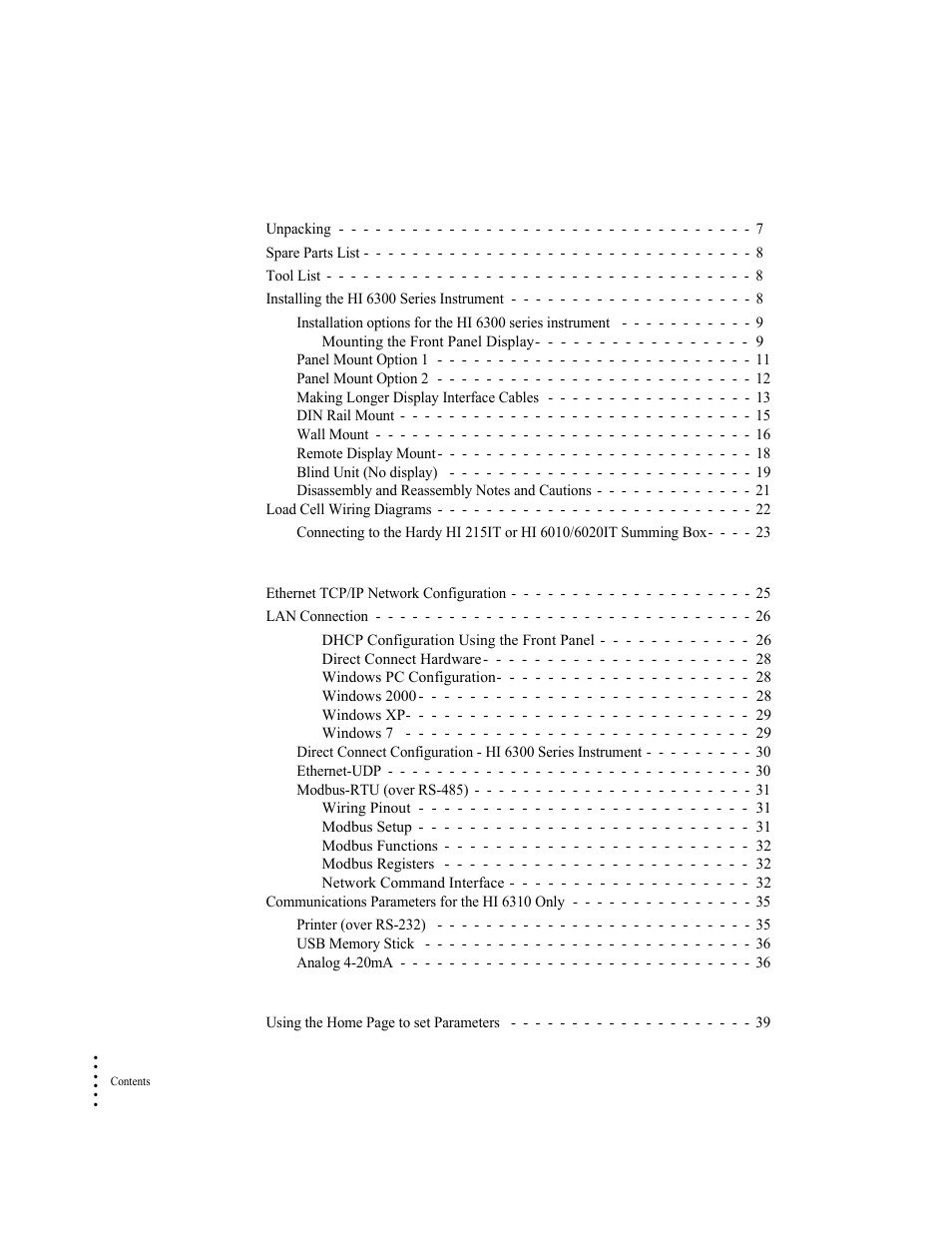 Chapter 3, Hi 6300 installation 7, Chapter 4 | Network configuration 25, Chapter 5, Instrument configuration 39 | Hardy HI 6300 Series User Manual | Page 4 / 156