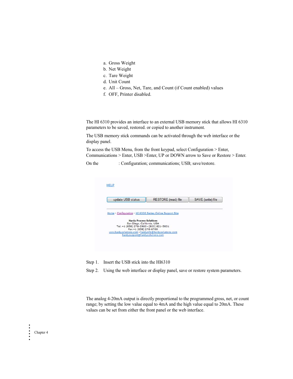 Usb memory stick, Analog 4-20ma, Usb memory stick analog 4-20ma | Hardy HI 6300 Series User Manual | Page 44 / 156