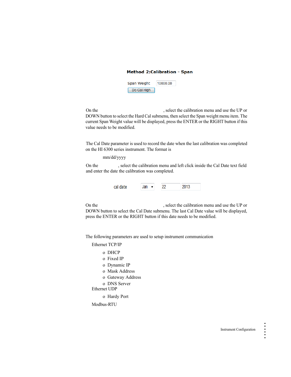 Cal date parameter, Communication menu | Hardy HI 6300 Series User Manual | Page 59 / 156