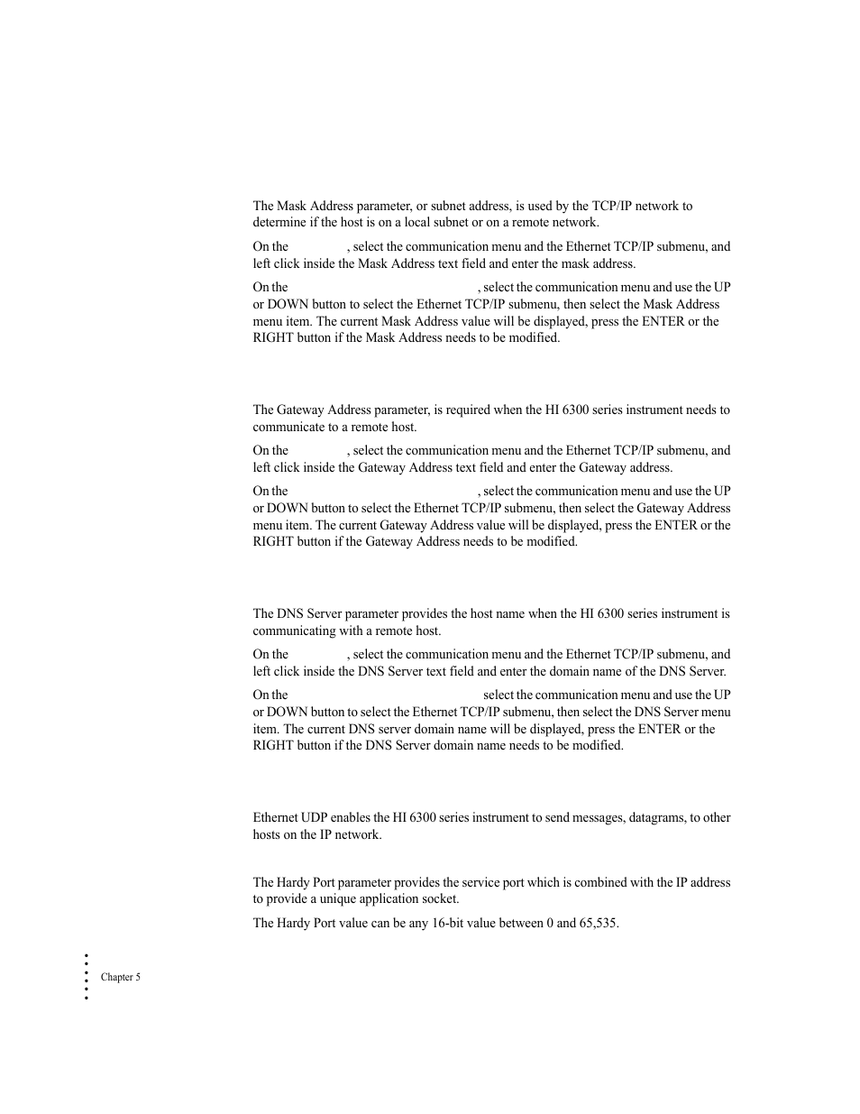 Mask address parameter, Gateway address parameter, Dns server parameter | Ethernet udp parameters, Hardy port parameter | Hardy HI 6300 Series User Manual | Page 62 / 156