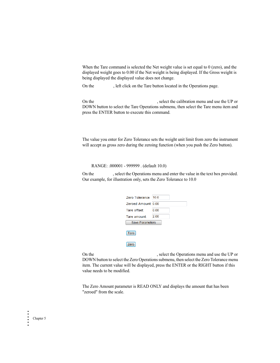 Tare command, Zero operations commands and parameters, Zero tolerance parameter | Zero amount parameter, Zero tolerance parameter zero amount parameter | Hardy HI 6300 Series User Manual | Page 78 / 156