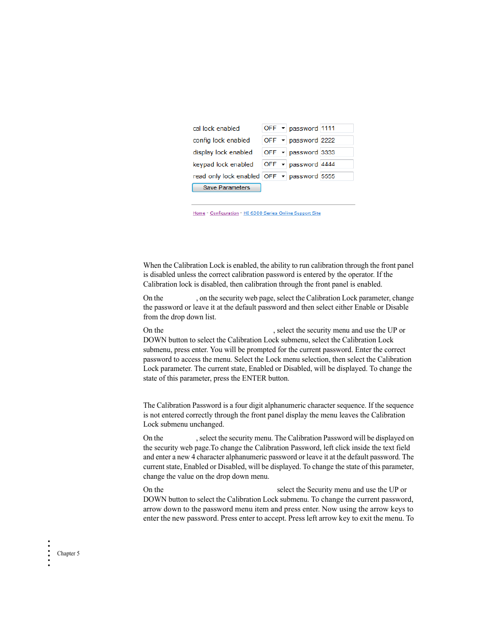 The calibration lock parameters, Calibration lock parameter, Calibration password parameter | Hardy HI 6300 Series User Manual | Page 82 / 156