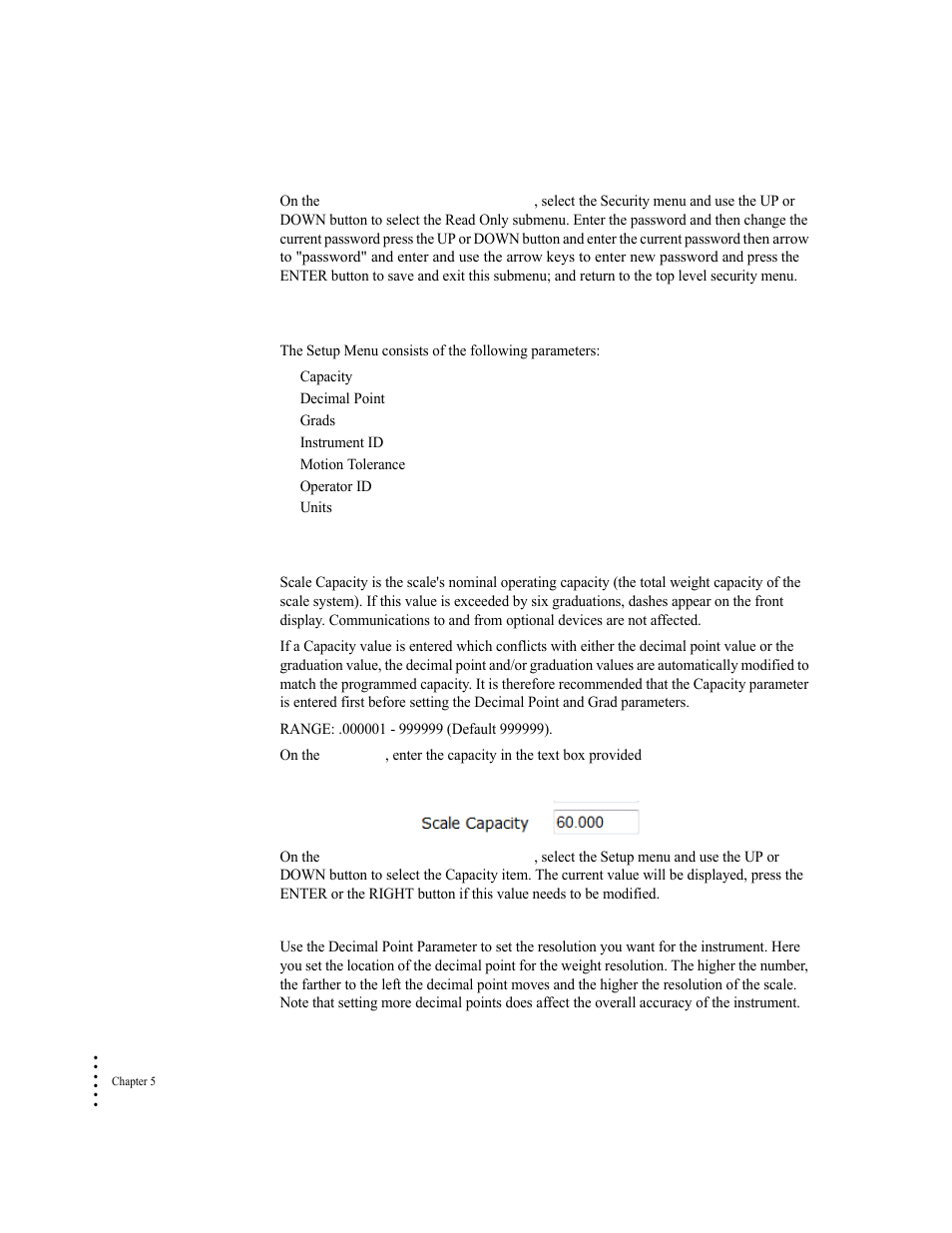Setup parameter menu, Capacity parameter, Decimal point parameter | Capacity parameter decimal point parameter | Hardy HI 6300 Series User Manual | Page 86 / 156