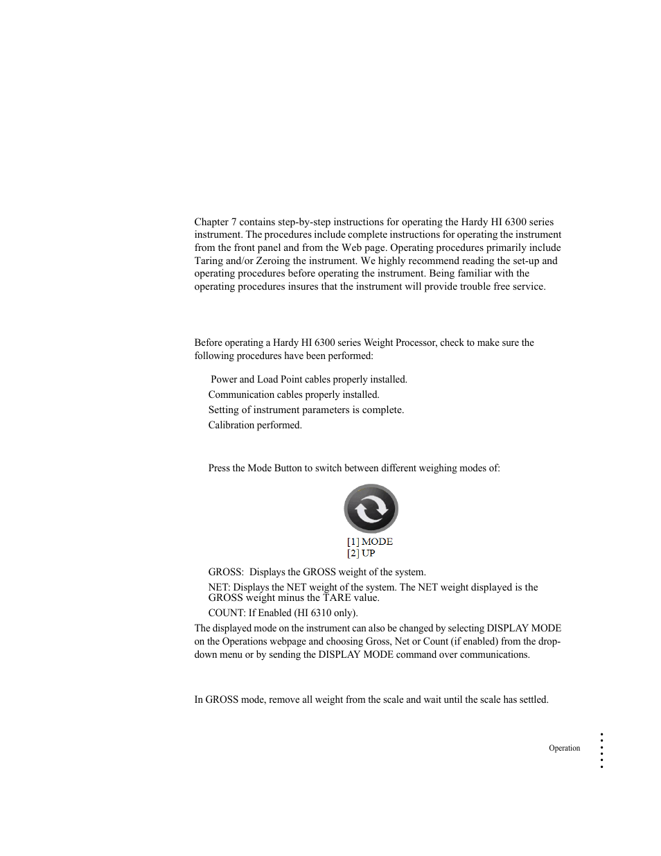 Chapter 7, Operation, Getting started | Mode button, Zero operation, Mode button zero operation | Hardy HI 6300 Series User Manual | Page 107 / 168