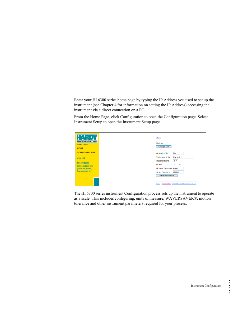 Chapter 5, Instrument configuration, Using the home page to set parameters | Hardy HI 6300 Series User Manual | Page 49 / 168