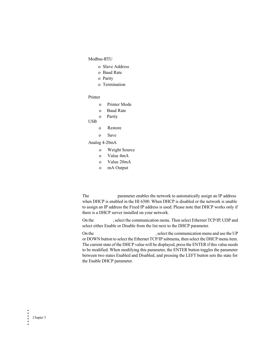 Hi 6310 only, Ethernet tcp/ip commands and parameters, Enable dhcp parameter | Hardy HI 6300 Series User Manual | Page 62 / 168