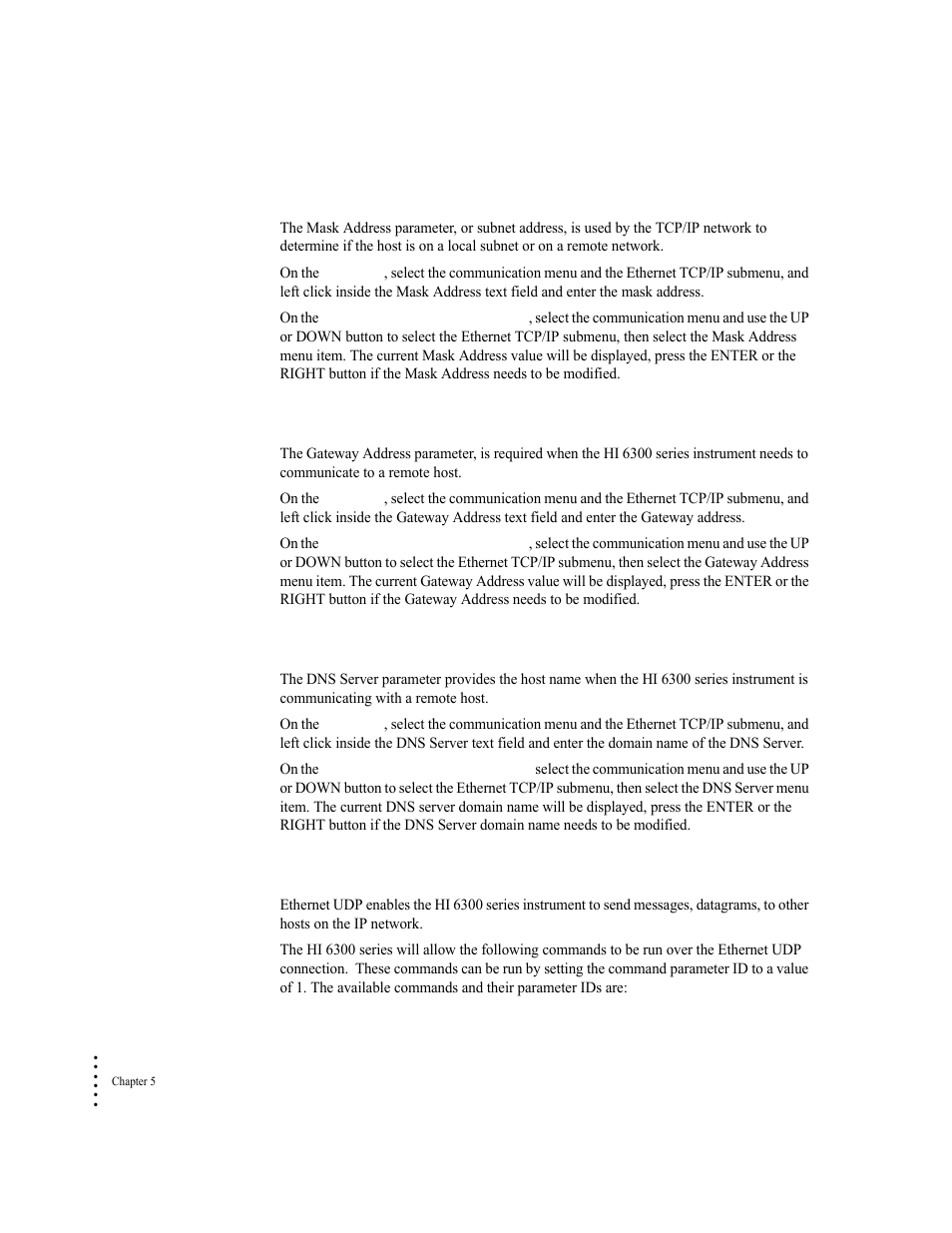 Mask address parameter, Gateway address parameter, Dns server parameter | Ethernet udp parameters | Hardy HI 6300 Series User Manual | Page 64 / 168