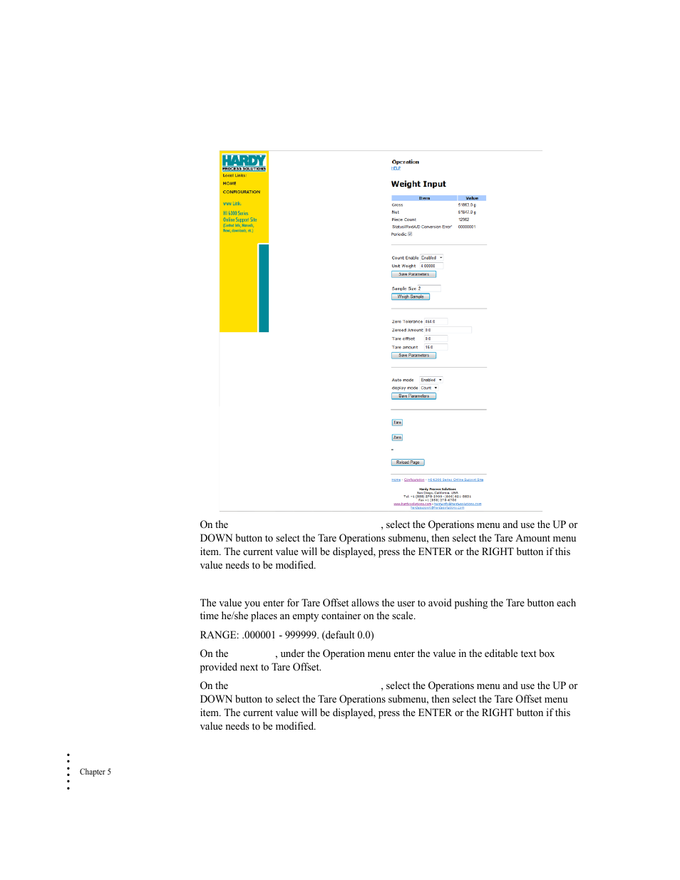 Tare offset parameter | Hardy HI 6300 Series User Manual | Page 82 / 168
