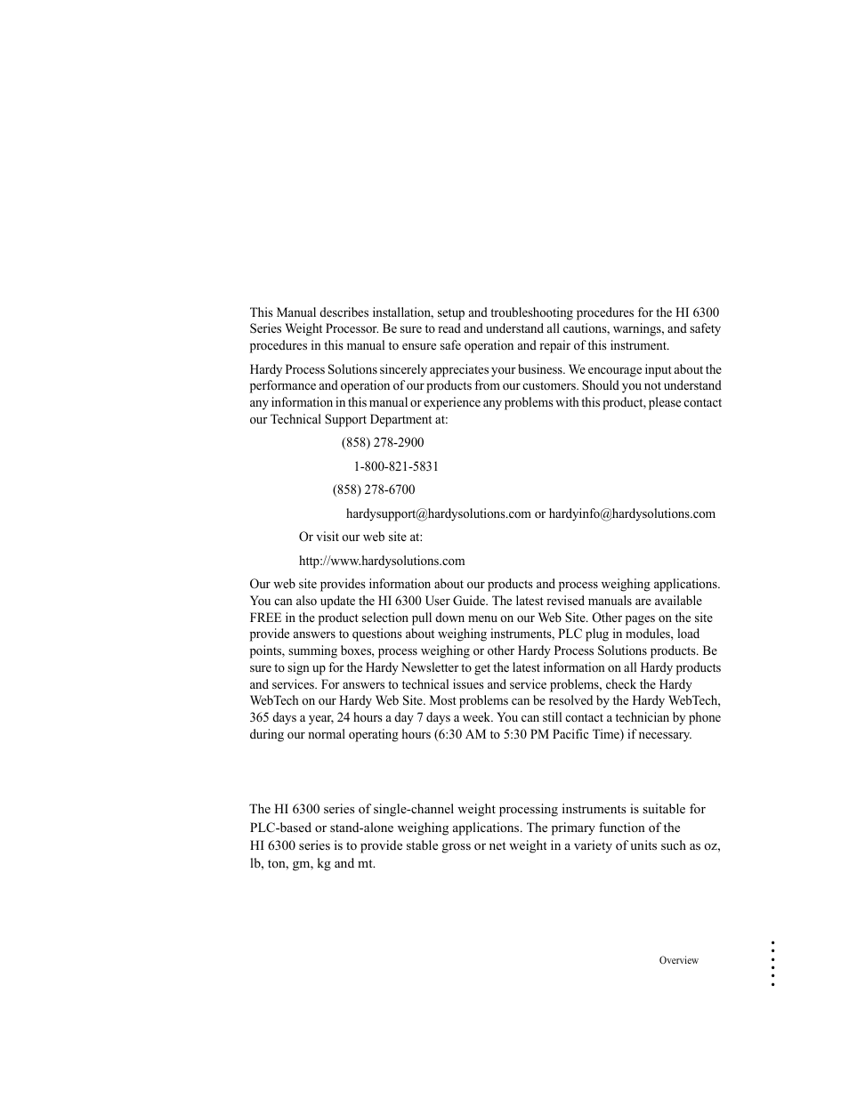 Chapter 1, Overview, Hi 6300 series weight processor description | Hardy HI 6300 Series User Manual | Page 9 / 168