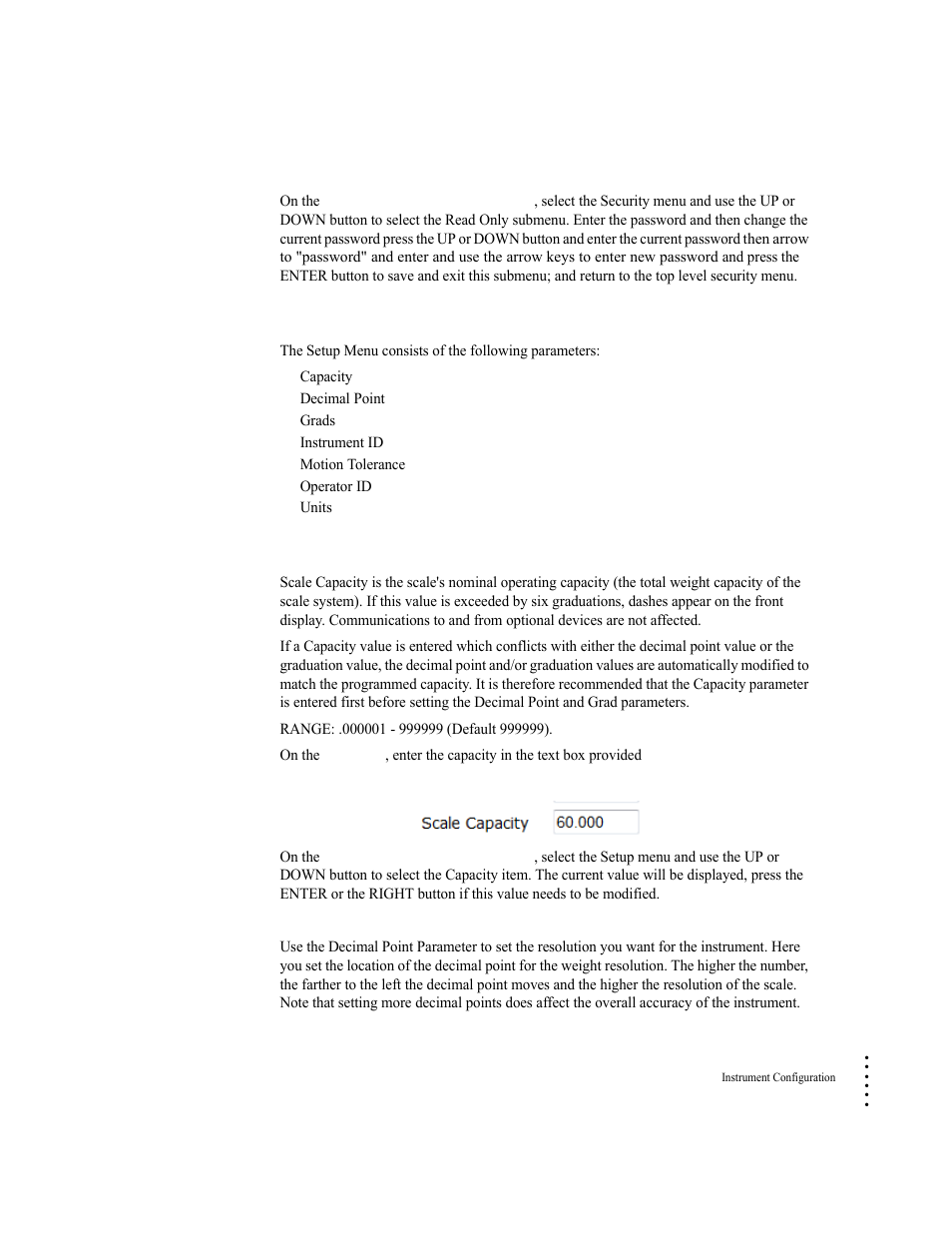 Setup parameter menu, Capacity parameter, Decimal point parameter | Capacity parameter decimal point parameter | Hardy HI 6300 Series User Manual | Page 91 / 168