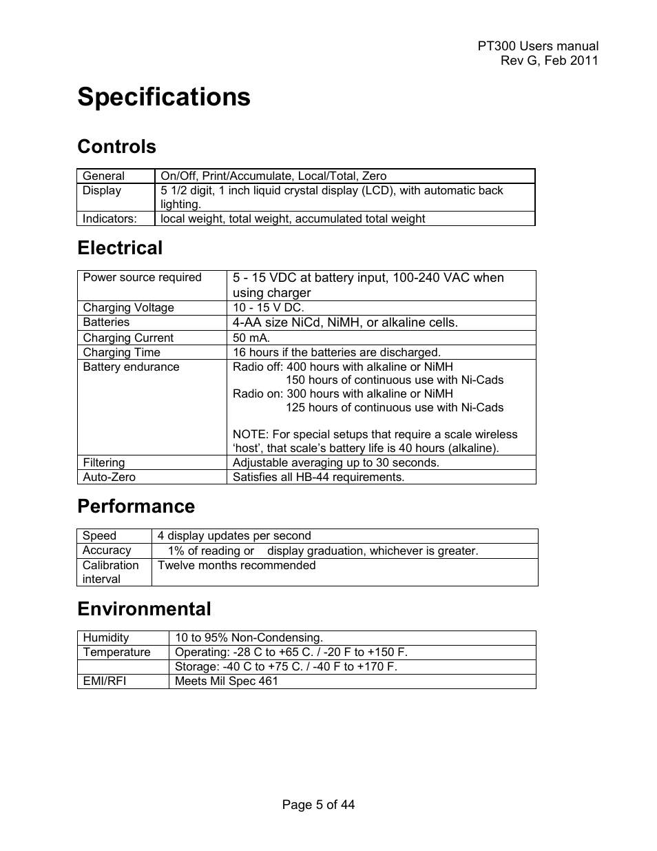 Specifications, Controls, Electrical | Performance, Environmental | Holtgreven Truck Scale Resources User Manual | Page 5 / 44