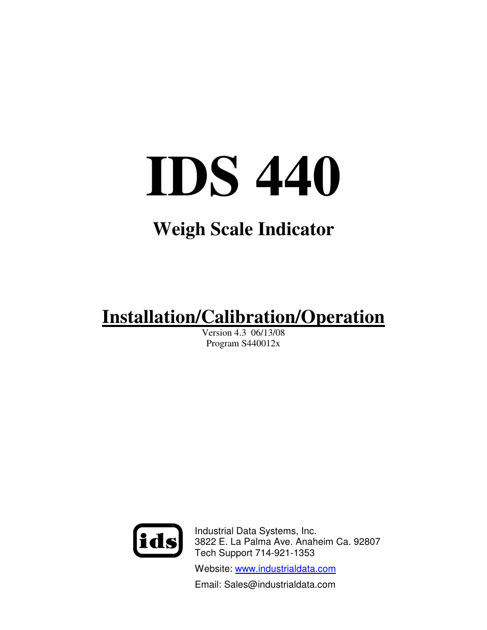 Industrial Data Systems IDS 440 User Manual | 65 pages