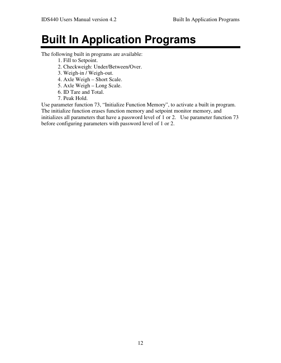 Built in application programs | Industrial Data Systems IDS 440 User Manual | Page 16 / 65